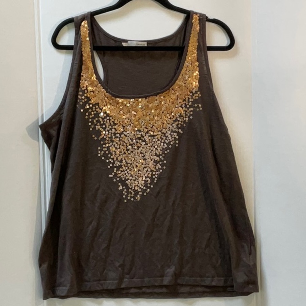 Gold Sequin Embellished Brown Tank Top